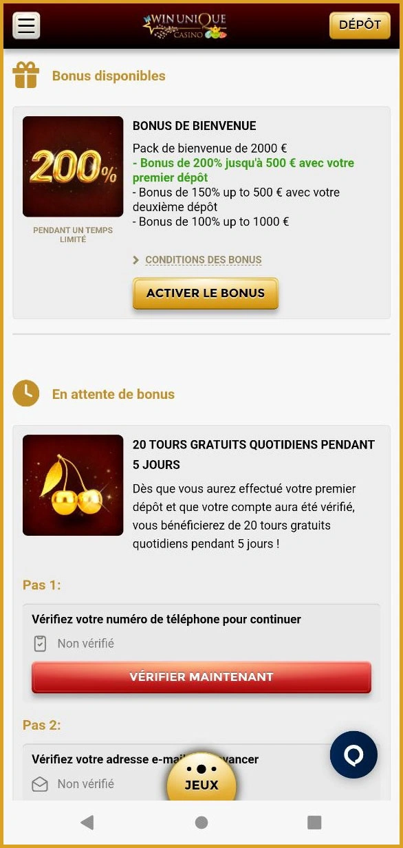 Bonus de bienvenue exclusif pour les nouveaux joueurs chez Unique Casino