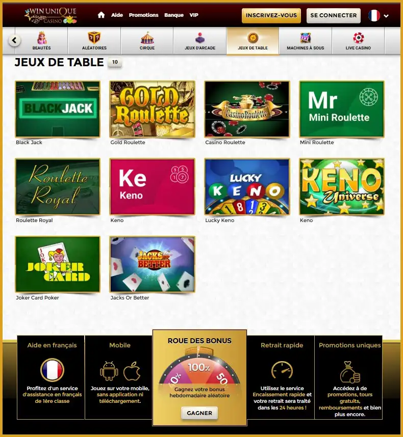 Jeux de table chez Unique Casino