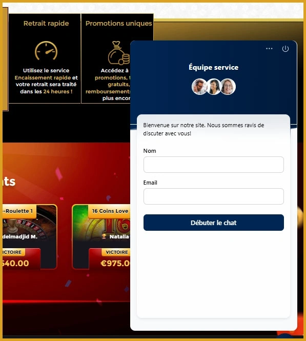 Options de contact pour le support chez Unique Casino