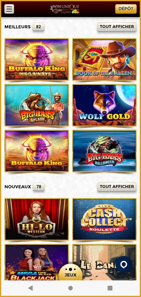 Version mobile optimisée du site Unique Casino